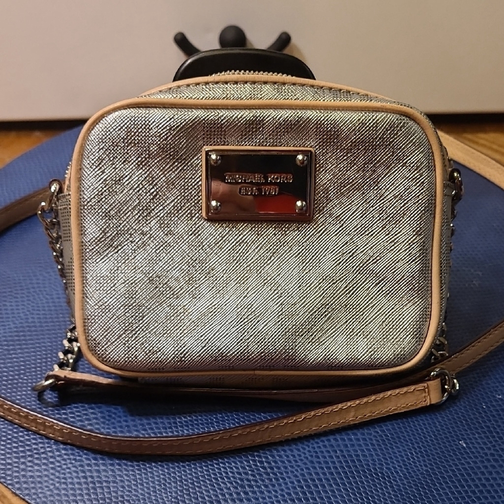 Michael Kors Silver and Tan Crossbody Bag (#1530). Will hold a cellphone.
